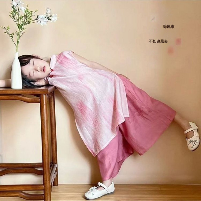 DFMEI 夏季女童旗袍套裝兒童漢服新唐裝連衣裙中式中國風復古改良