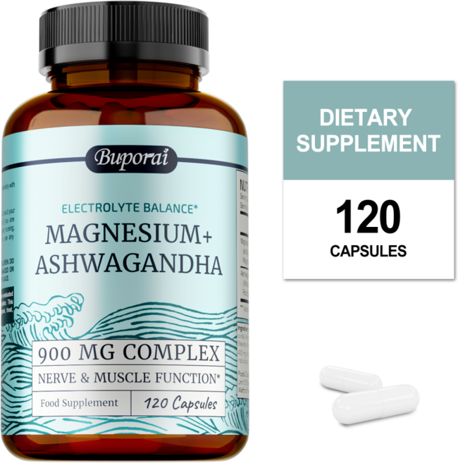마그네슘 아슈와간다 | 성인용 진정 마그네슘 보충제 | 휴식 안정 기분 전환 및 수면 지원 | 마그네슘 시트르산염 및 산화물 400mg + 아슈와간다 500mg, 2개, 60정