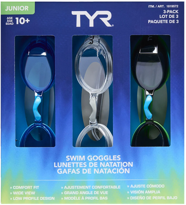 티어TYR 주니어 아동용 수경 물안경 3개입 편안한 착용감 넓은 시야 코스트코, 1세트, 블루그레이그린