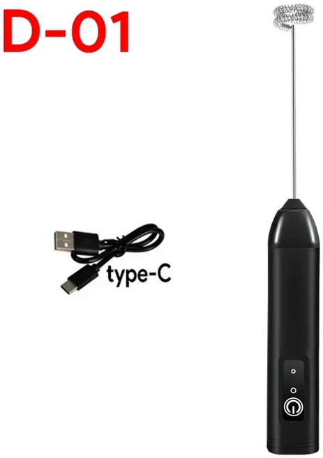 무선 우유 Frother 전기 Type-C 핸드 블렌더 스테인레스 스틸 미니 커피 메이커 카푸치노 크림 용 믹서기, 01 0.5-1L, 02 D-01-black