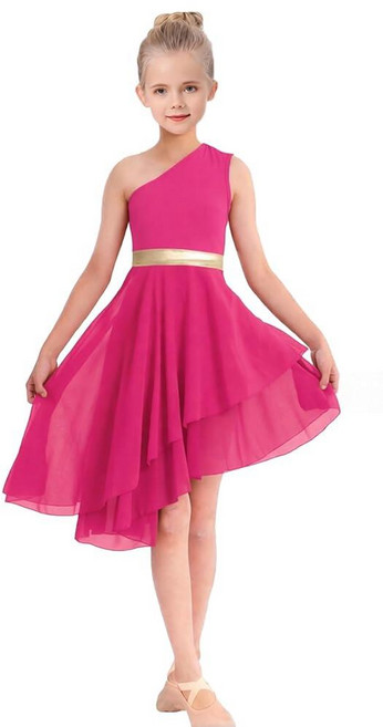 ORIDOOR Oblique Shoulder Praise Dance Costume for Girls Metal Irregular Worship Ceremony Lyrical, 9~10세, 02-rose Red