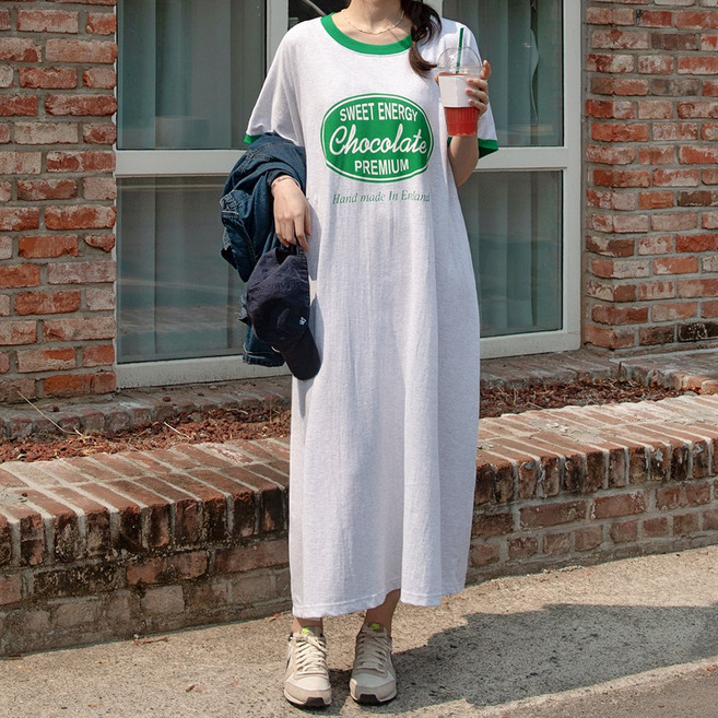 데일리앤 키치 여름 빅사이즈 롱원피스 링거 배색 프린팅 면 나시 캡소매 반팔 77 88 홈원피스