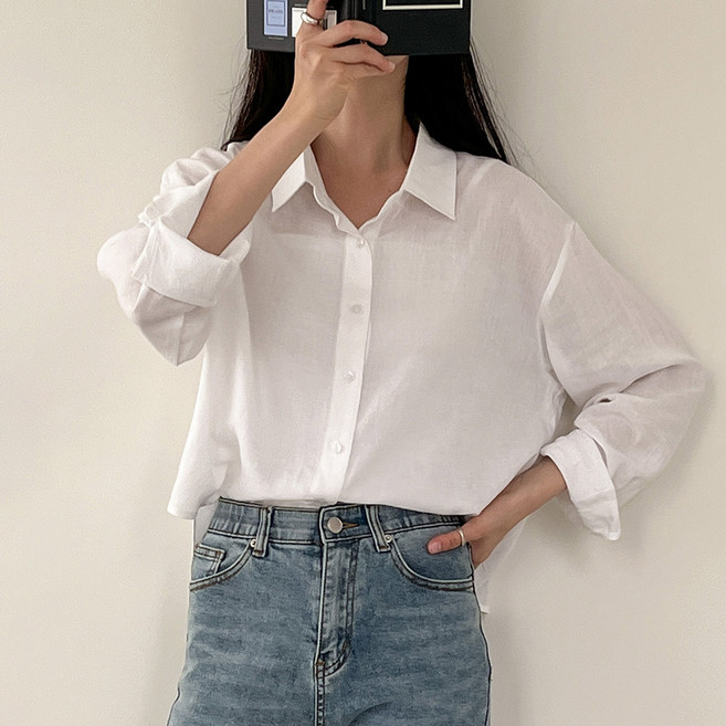 [오버나인] 여성 린넨 소프트 터치 크롭 블라우스 셔츠