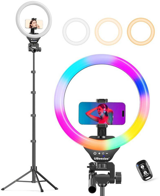 UBeesize 30.5cm(12인치) LED RGB 링 라이트 155.4cm(62인치) 삼각대 스탠드 비디오 녹화 라이브 스트리밍 틱톡 및 유튜브용 셀카 링 라이트, 12in-RGB, Black, Black RGB