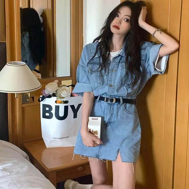 데님원피스 여성 여름 데님 드레스 캐주얼 빈티지 스타일 슬림핏 반팔 청원피스 봄여름 착용 가능