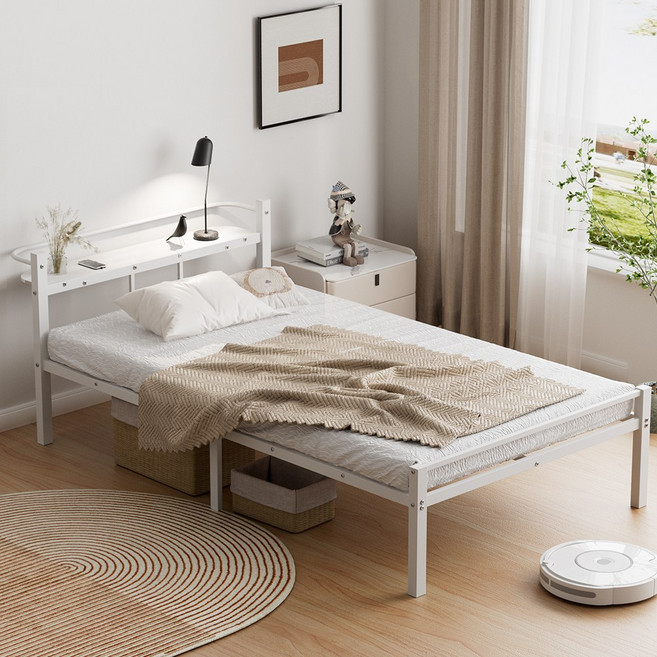 FITNEST 슈퍼싱글 철제 침대 프레임 선반 포함 헤드보드 300kg하중 튼튼한 무소음 조립식, 화이트