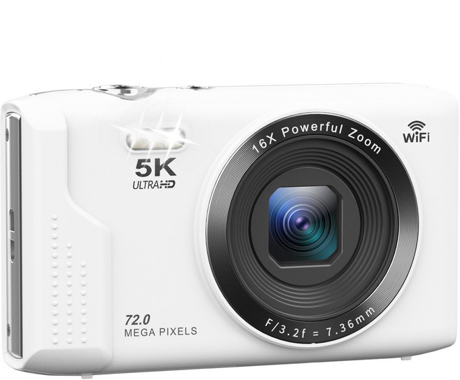 RUNHome 7200W 고급 디지털 카메라 WIFI 디카 5K 캠코더 여행용 인생+64GB 메모리, 화이트