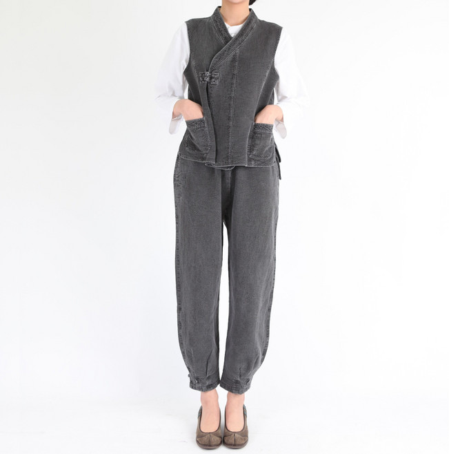 만덕몰 여성 도비 콩매듭 조끼바지 세트 개량 생활한복 절복 법복 개량한복