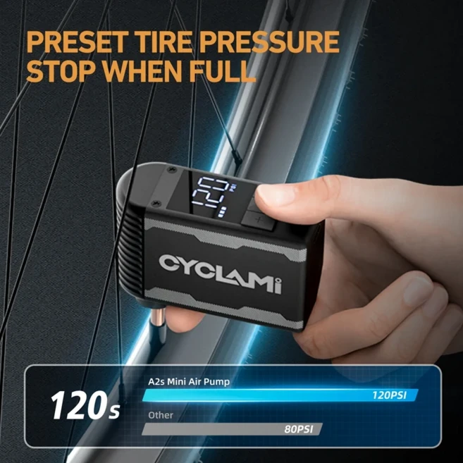 자전거전동펌프 CYCLAMI A2S 120 PSI 미니 전기 펌프 휴대용 자전거 무선 공기 팽창기 프레스타 슈레이더 밸브 FV AV 사이클링 MTB 로드 바이크, 01 A2 plus, 1개 - 쿠팡