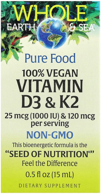 Natural Factors Whole Earth Sea® 100% Vegan Vitamin D3 & K2 0.5 fl oz 15 ml, Natural Factors, Whole Earth S, 1개 - 쿠팡