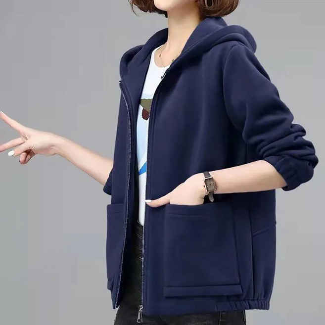 지고다그 중년 여성용 추동용 후드 집업 플리스 점퍼 루즈핏 기모 캐주얼 코트 YY32872