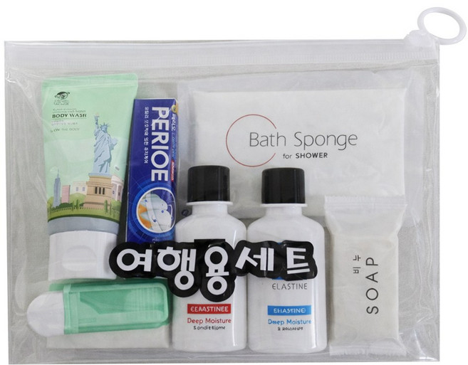 엘지생활건강 여행용 세면도구세트 7종 바디워시 샴푸 린스 칫솔 치약 클렌징폼 파우치 면도기 비누 샤워타올, 1세트, 50ml