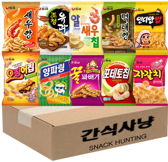 간식사냥 농심 새우깡+오징어집+자갈치+알새우칩+먹태깡+인디안밥+포테토칩+양파링+꿀꽈배기+조청유과, 1개