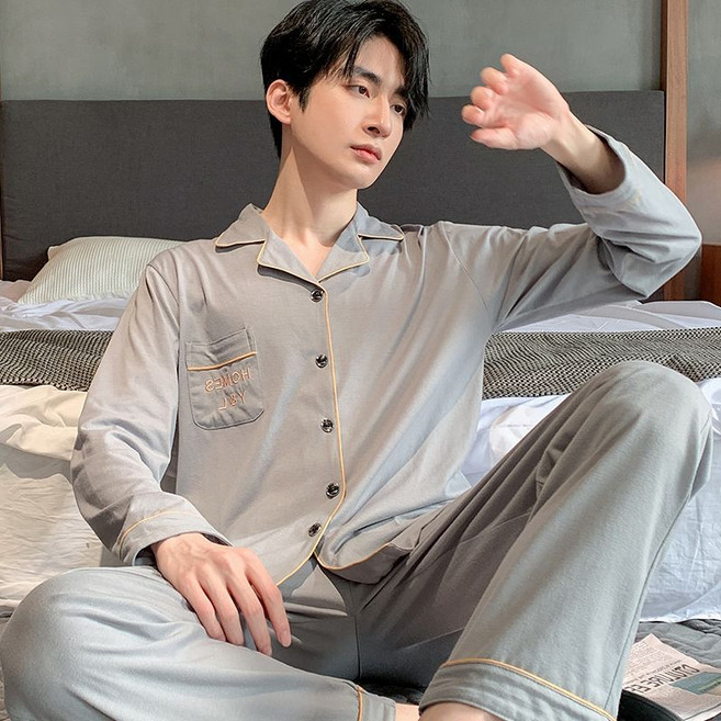 HOMES Y&L 男士純棉長袖睡衣套裝, 1個, YXSY#純棉灰色 【男款套裝】3XL 【建議160-190斤】