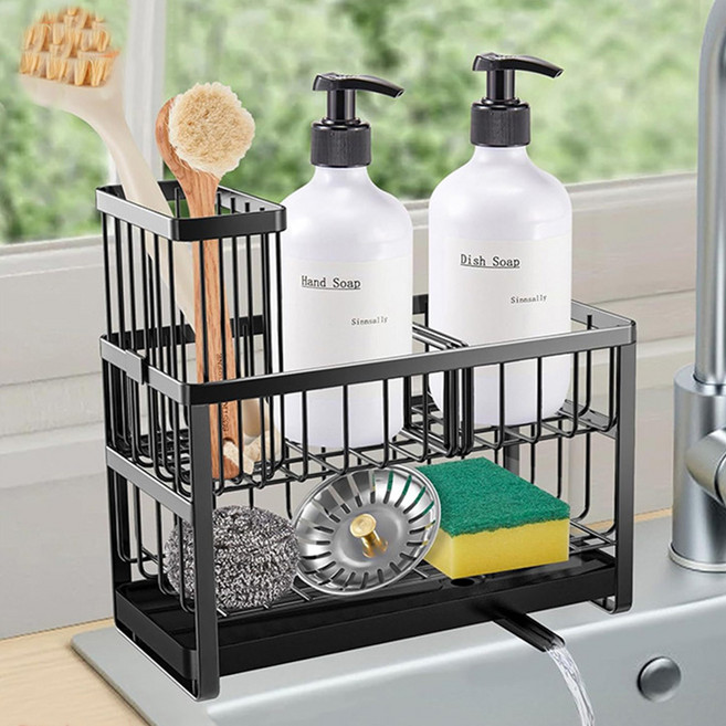 304 스텐 무설치 주방 싱크대 정리 선반 2단 철제 수세미 정리대 다용도 스펀지 수납 선반, 1개, 블랙