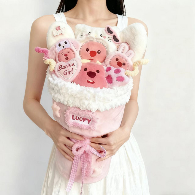 Loopy 露比玩偶花束 可愛創意生日禮物, 1個, 粉白Kitty裝loopy成品發貨（送禮袋+賀卡）