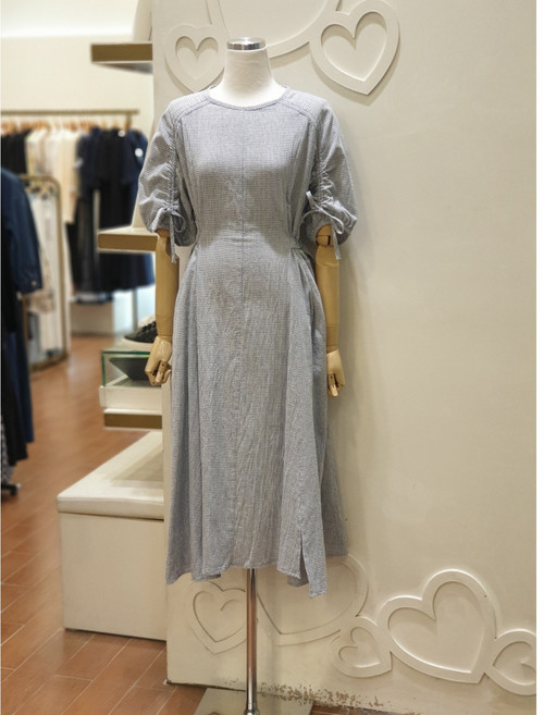 샤틴 잔체크패턴 셔링 면 원피스