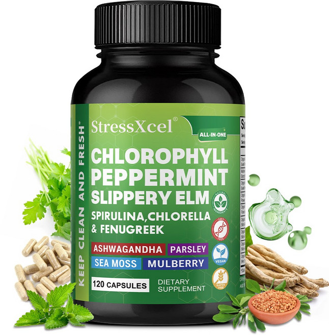 엽록소 복합식물영양보충캡슐 - 스피루리나 클로렐라 해조류 등 식물성 포뮬라 함유 - 여성 pH 밸런스 촉진 항산화, 1개, 120정