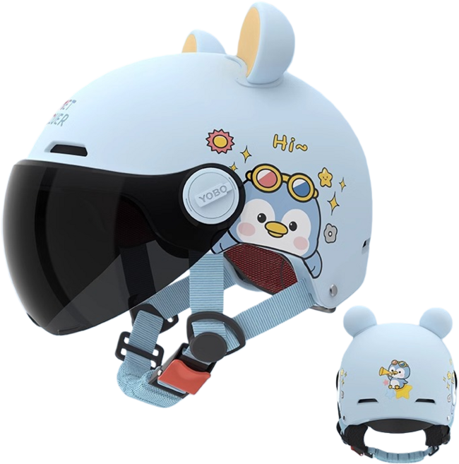 MILLANDA 3c 헬멧 오토바이 헬멧 큐티 헬멧 사계절 안전모, 푸른색-블랙 렌즈-곰의 귀
