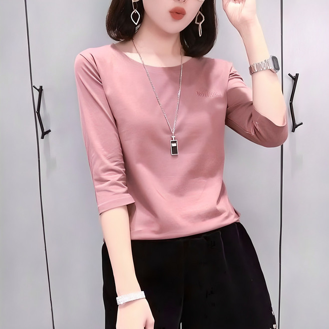 레이디매직 봄 여름 라운드넥 7부 소매 면 티셔츠