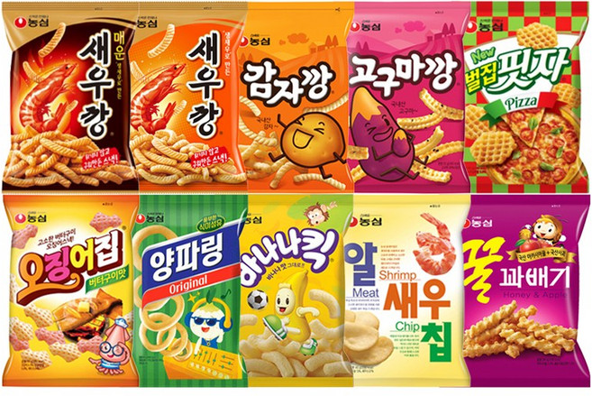 농심과자10종 새우깡+매운새우깡+고구마깡+감자깡+바나나킥+꿀꽈배기+오징어집+양파링+알새우칩+벌집핏자, 1개