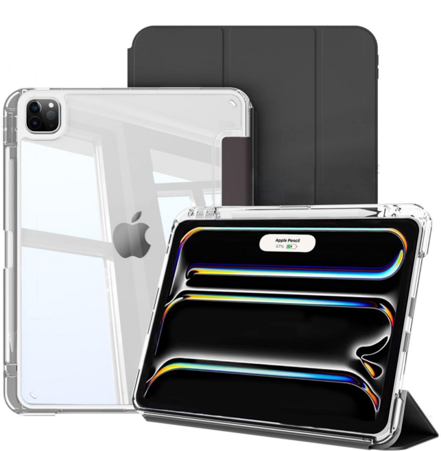 헤미션 아이패드 펜슬 수납 클리어 범퍼 스마트커버 태블릿 케이스 에어8/7/6 프로8/7/6/5/4/3세대 11/13인치, 블랙, 1개