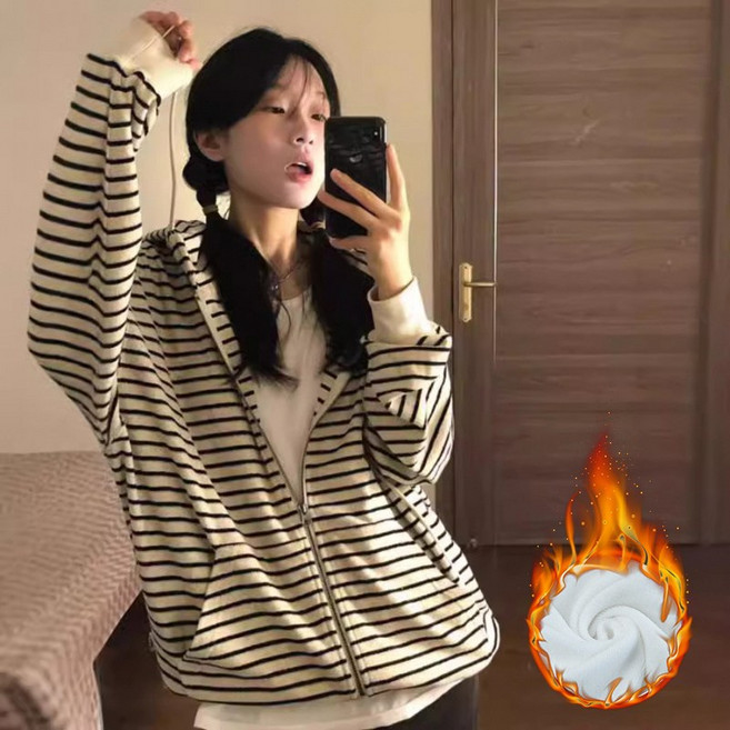 SAHINER 봄 여성 캐주얼 스트라이프 오버핏 후드집업 자켓 LWAWY42