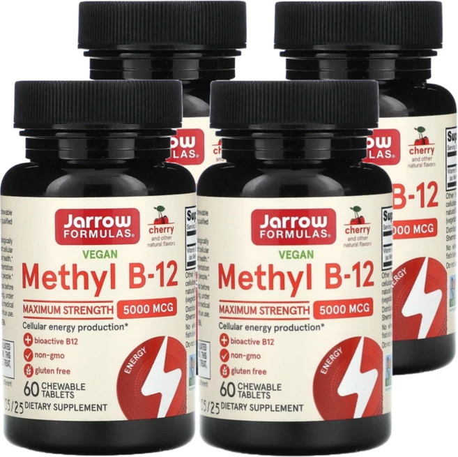 자로우 포뮬러스 비건 메틸 B-12 5000 mcg 체리맛 츄어블, 4개, 60정 - 쿠팡