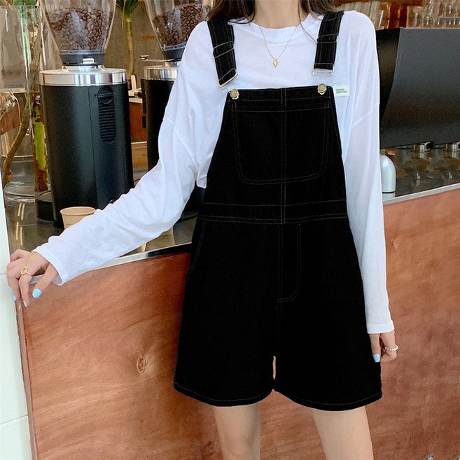 슬림소녀 여성 여름 얇은 하이웨스트 데님 멜빵바지 오버핏 반바지