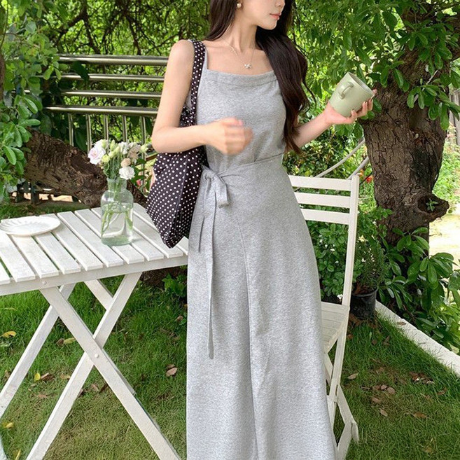 cammello 허리끈 포인트 나시 랩 원피스 슬리브리스 롱 드레스