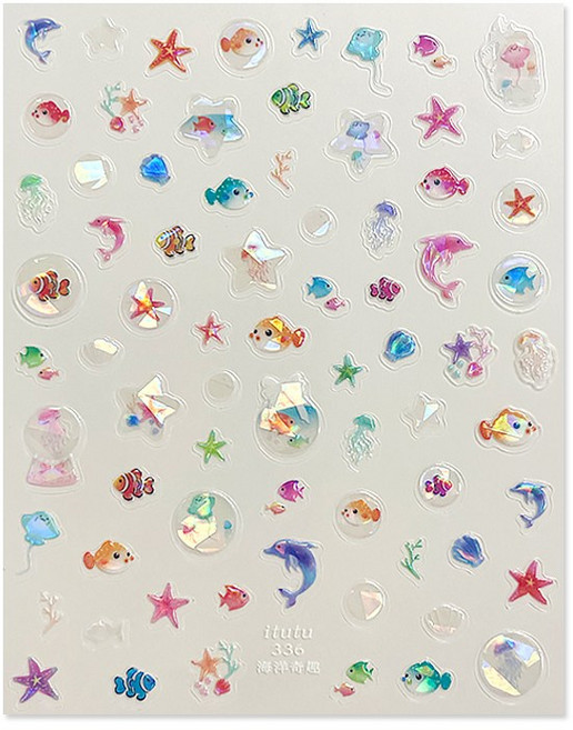 바다 물방울 투명 스티커 1장 니모 돌고래 불가사리 해파리 젤네일재료, 1개, 바다 물고기 투명 스티커 336