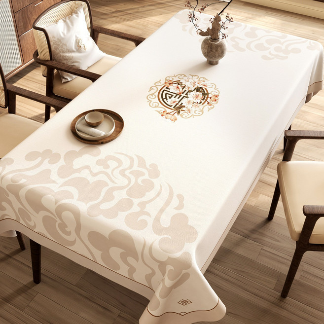 桌布國風新中式防水防油免洗長方形餐桌布輕奢高級感2026新款檯布, 1個, 140*220cm, 淺棠亭枝