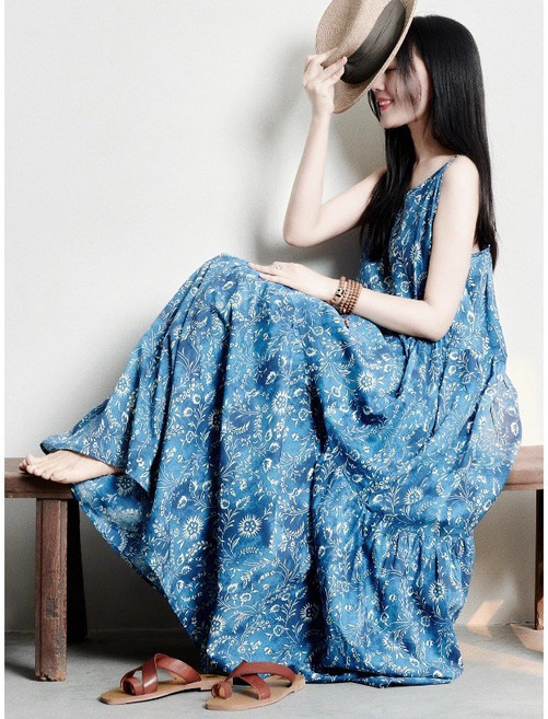 DIU 夏季印花文藝度假風長款棉吊帶連衣裙, XL
