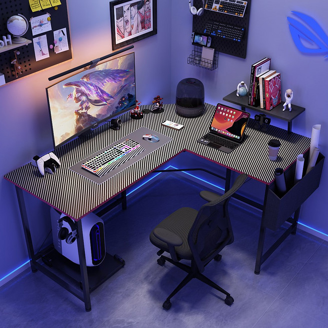 월로덴 L자형 코너형 게이밍 컴퓨터 책상 유튜버책상, 탄소섬유블랙(150x120x60x75CM)