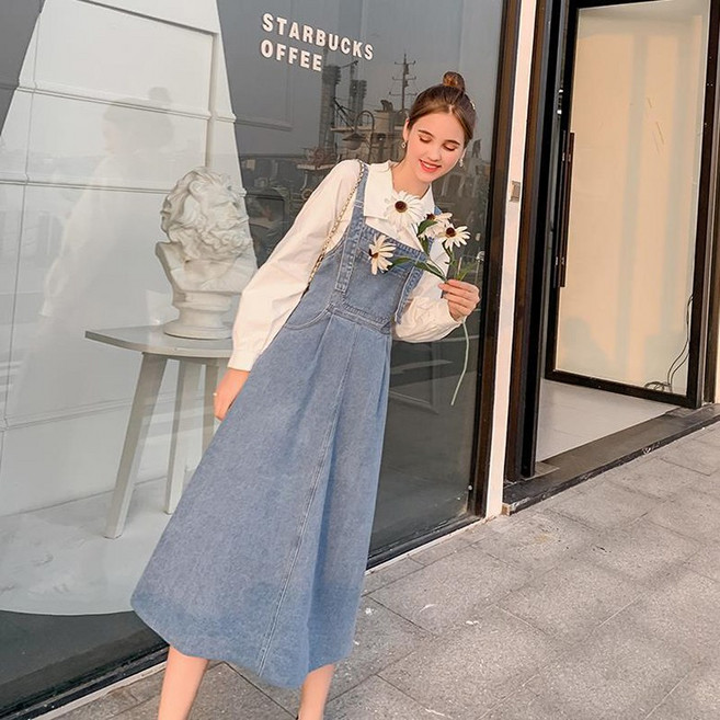 빅사이즈 빈티지 심플 데님 멜빵 원피스 롱기장 슬림 데일리룩