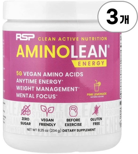 RSP 뉴트리션 아미노린 에너지 핑크 레모네이드 RSP Nutrition AminoLean® Energy Pink Lemonade 234g, 3개 - 쿠팡