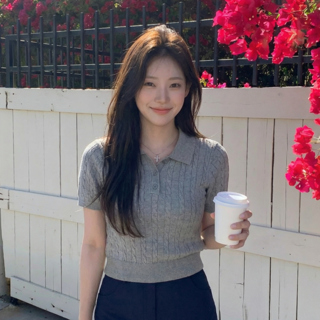 에리르 꽈배기 카라 반팔 니트 데일리 무지 세미크롭 반소매 티셔츠