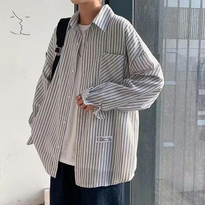 韓版寬鬆條紋長袖襯衫 男士