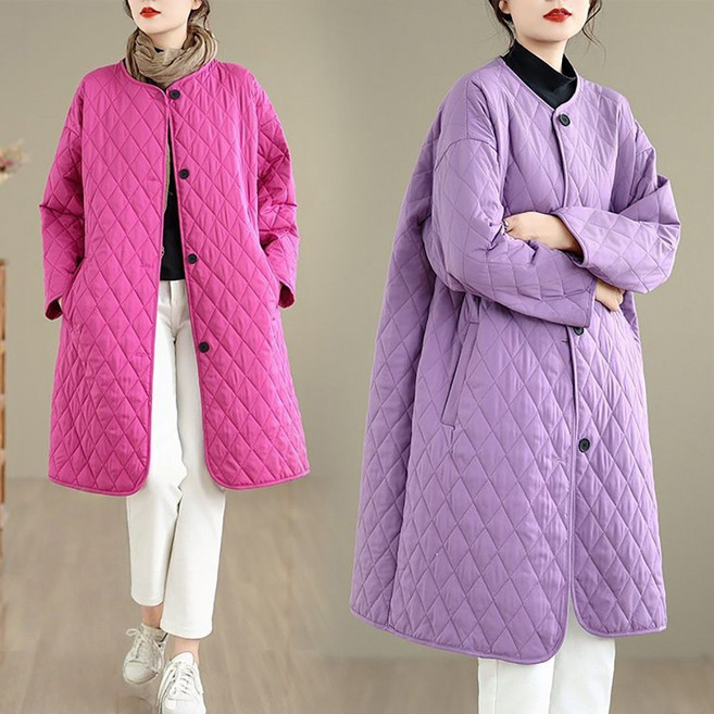 ROYALBELLE 여성 퀼팅 라운드넥 버튼 여유핏 롱기장 자켓 데일리 따뜻한 누빔 자켓 E01121103