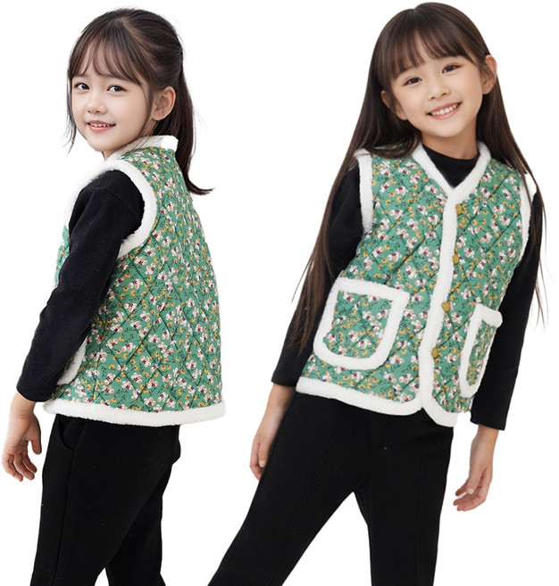 하누리 1+1 아동 플라워 꽃무늬 토끼털 누빔 김장 겨울 촌캉스 귀여운 조끼 2매