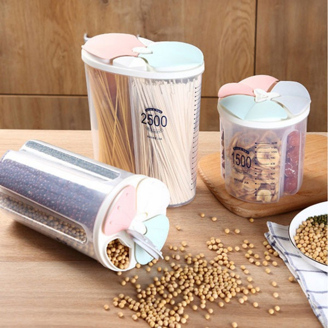 꽃잎모양잡곡밀폐용기1.5L_3칸잡곡통 포켓도어용기 시리얼디스펜서
