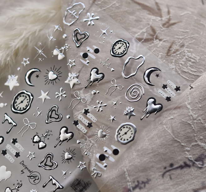 메탈 실버 문스타 하트 힙 믹스 네일스티커, 1개, 단일