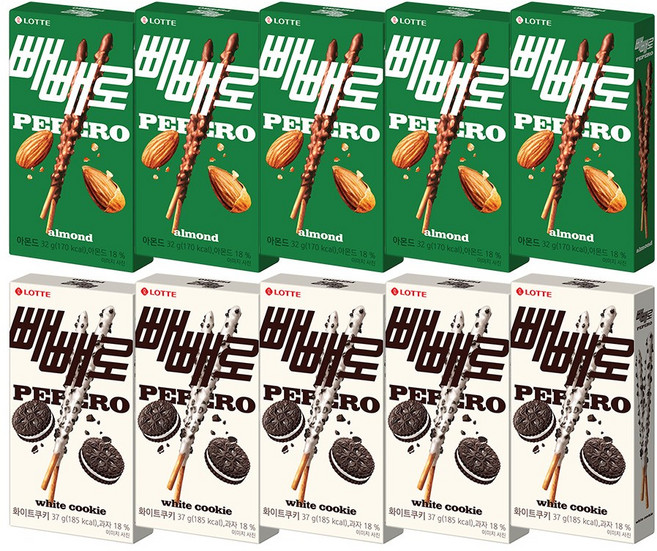 아몬드빼빼로 32g*5개+빼빼로 화이트쿠키 37g*5개, 32g, 10개