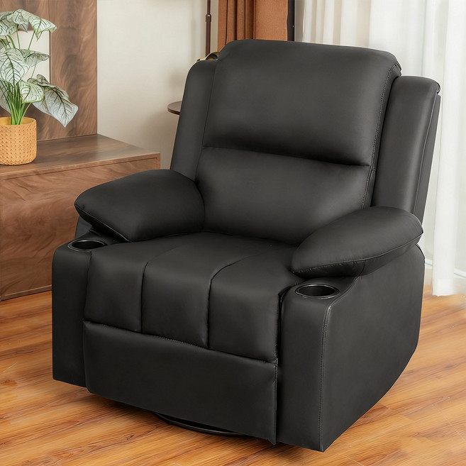 SeekFun 포근 1인용 가죽 소파 각도조절 리클라이너 가죽 360도 회전 가능 쇼파 안락의자 컵 홀더 표함, 블랙