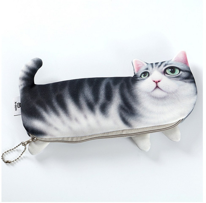 리브온 리얼 고양이 필통 대용량 봉제 펜케이스 캐릭터 파우치, 1개, 회색고양이