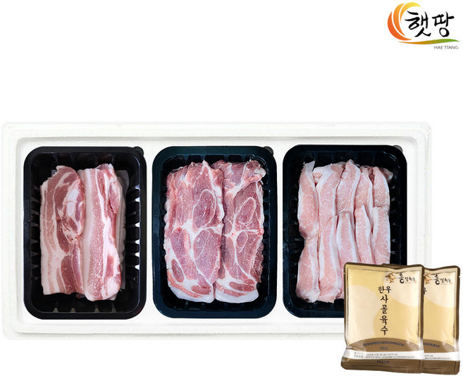 [햇땅] 홍성한돈 구이 선물세트 4호_가방없음 (삼겹살400g + 목살400g + 항정400g + 한우사골육수400gx2봉), 1개