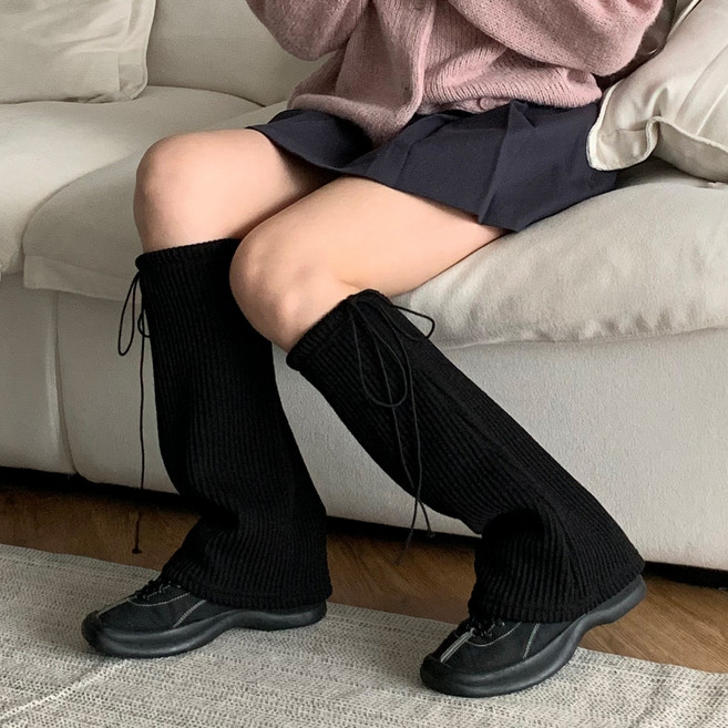 더한땀 여성 리본끈 골지 니트 레그워머 발토시