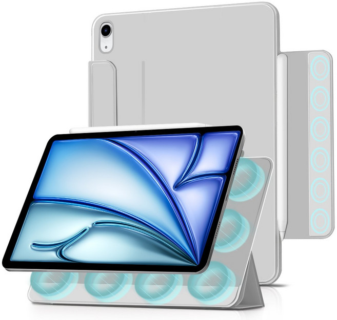 더조은셀러 아이패드 호환 폴리오 3단 분리형 마그네틱 스탠드 펜수납 논프레임 케이스, 페일 그레이