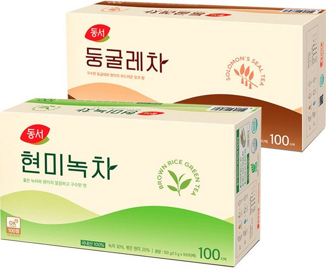 동서 현미녹차100T+동서 둥글레차100T, 1개, 200개입, 1.2g