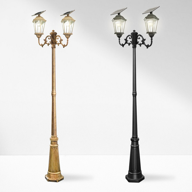 나눔조명 태양광 가로등 엔틱 태양열 조명 LED 정원등 야외조명, 2구 투명 육각등, 1.8m, 검정색(노란빛)